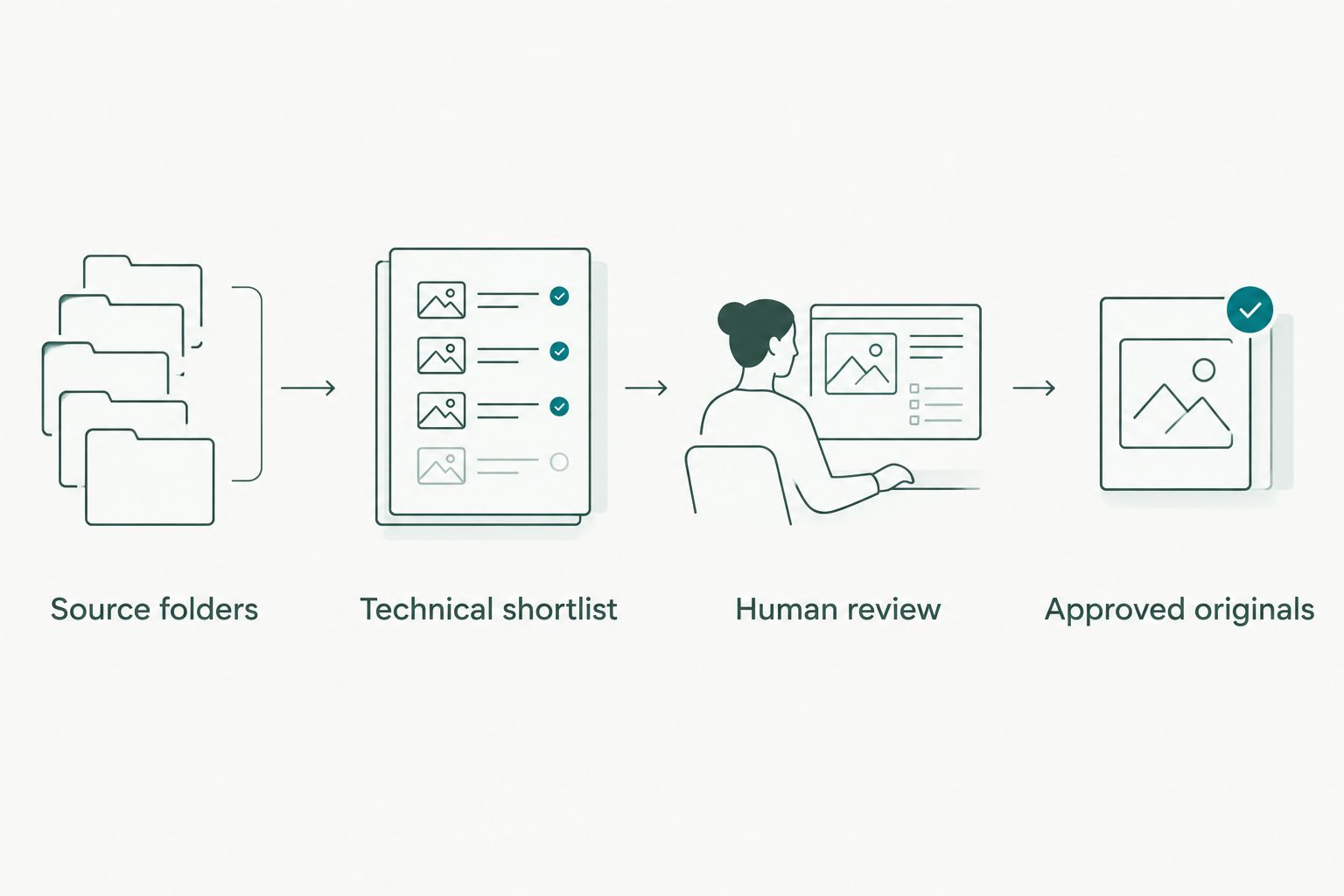 Workflow from source folders through technical shortlisting and human review to approved originals
