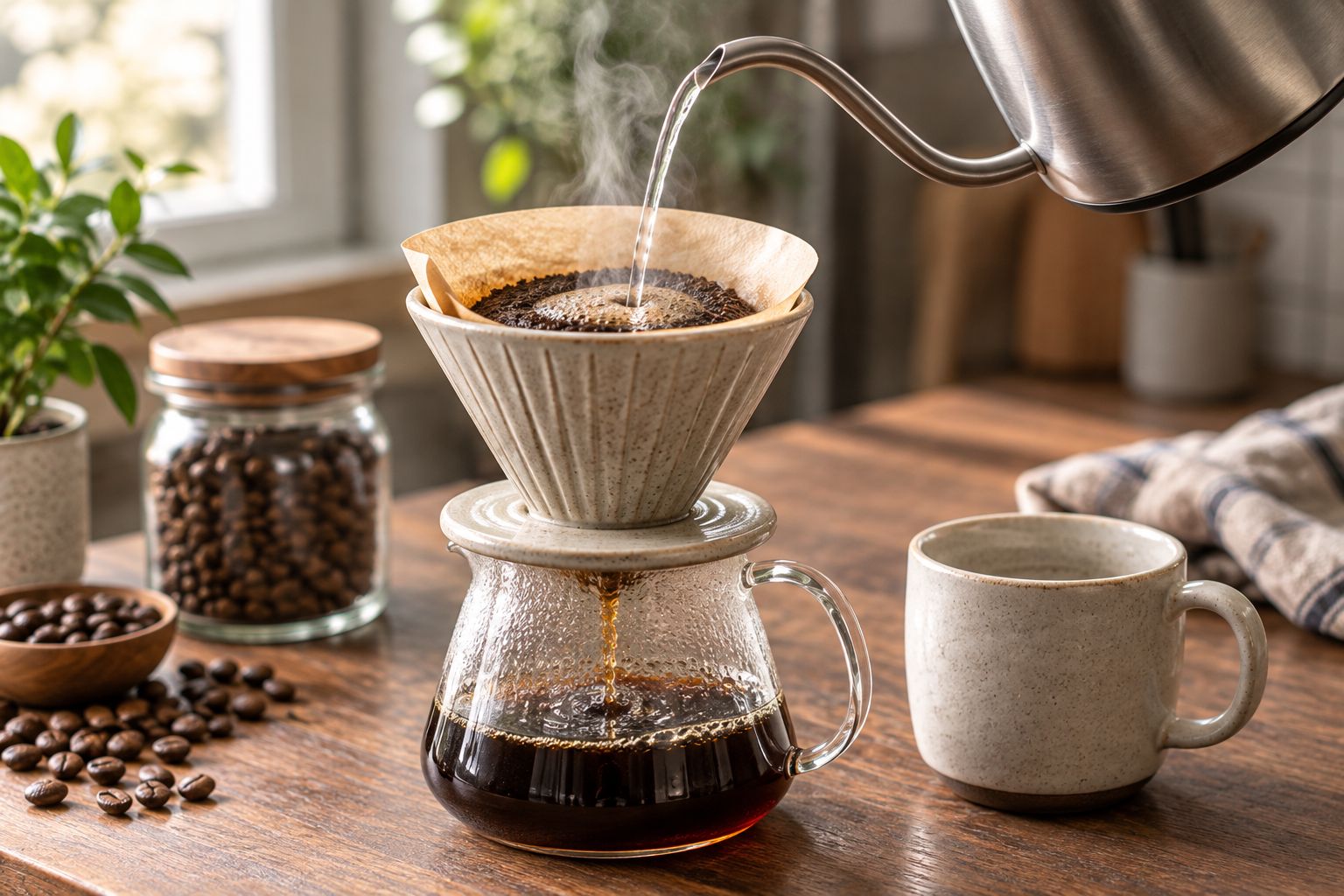 Water being poured over ground coffee in a paper-filter brewer
