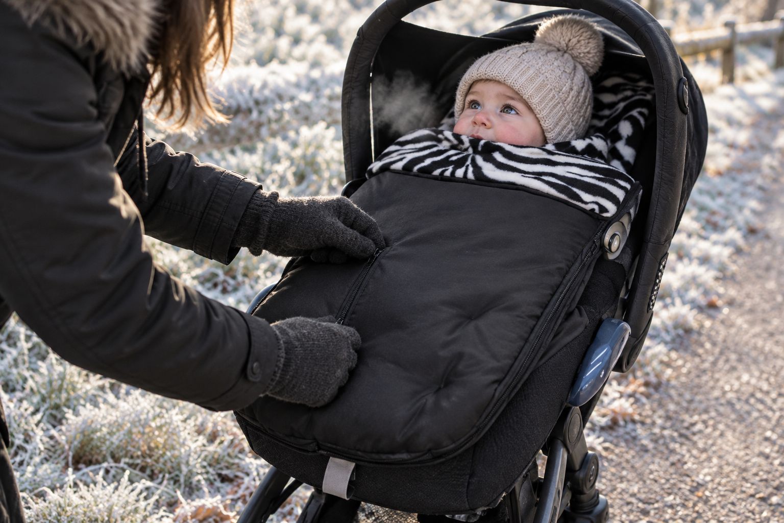 Animal print footmuff fitted into a pushchair seat on a cold morning