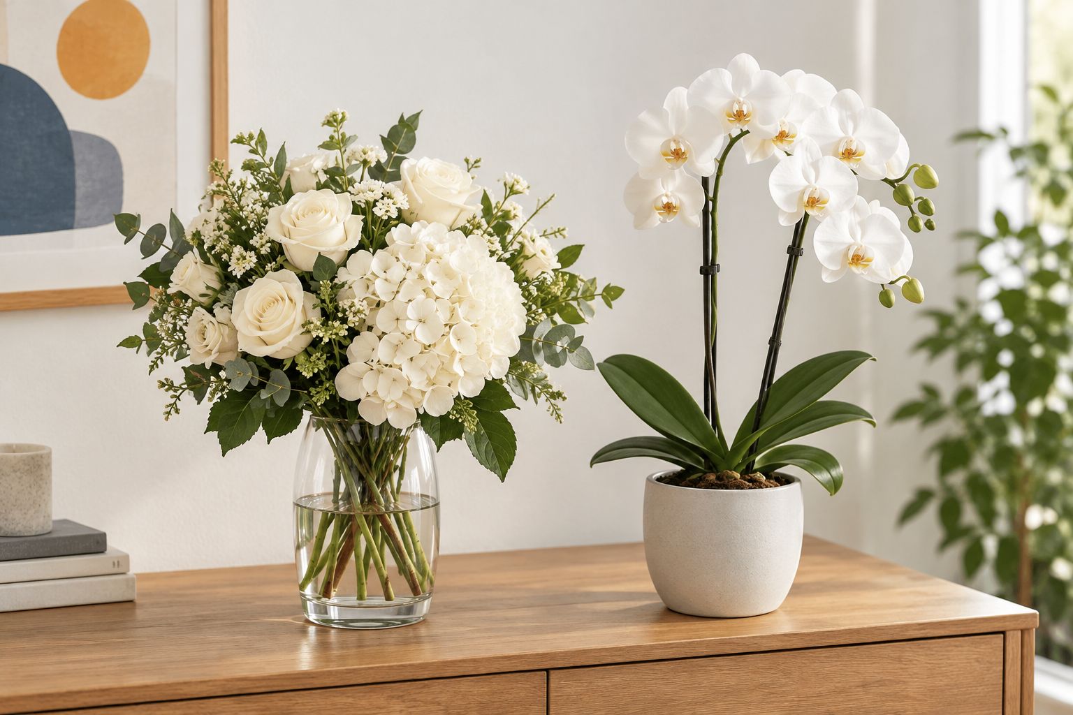 White cut-flower bouquet beside a potted white orchid on a home sideboard