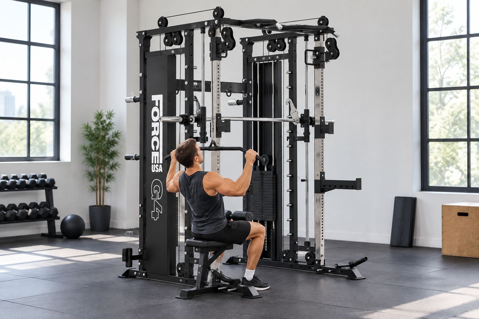 Force USA G4 All-in-One Trainer mit Kabelzug in einem Trainingsraum