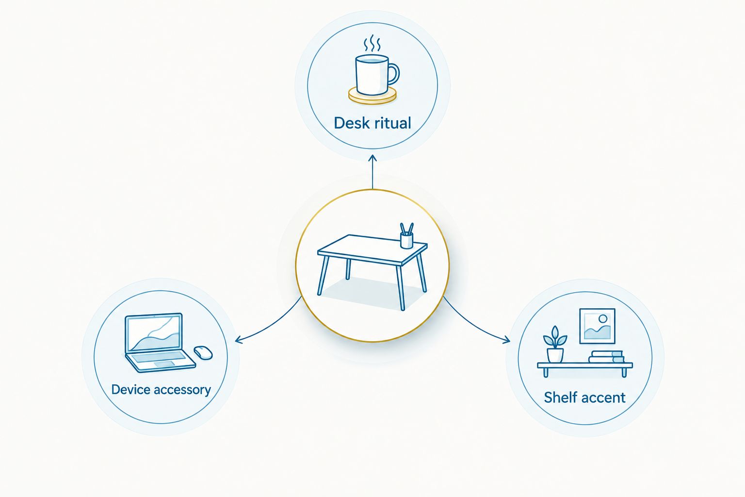 Three home-office souvenir roles: desk ritual, device accessory and shelf accent