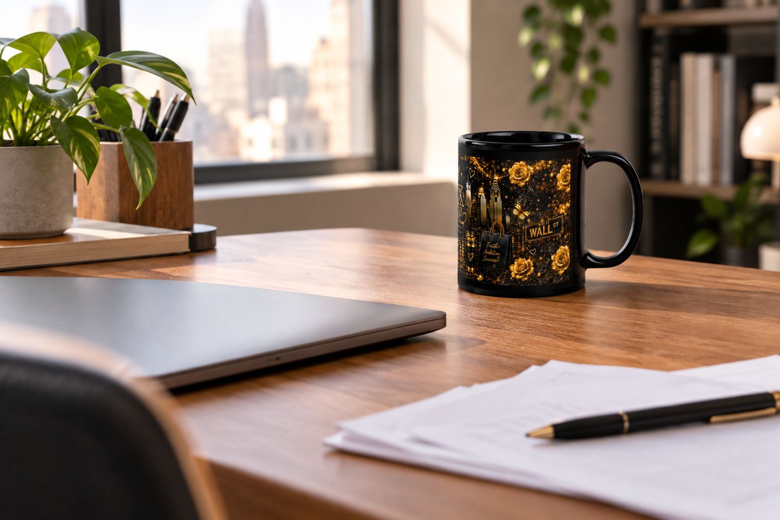 An NYC-themed mug placed away from a laptop and paperwork on a home-office desk
