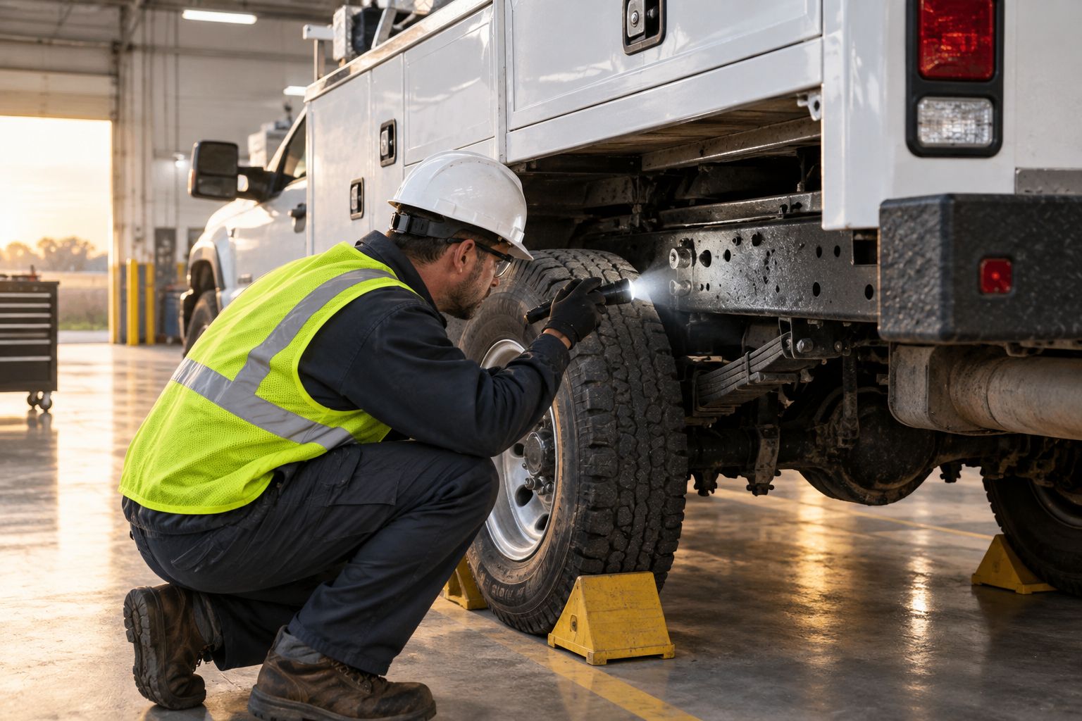 Technician inspecting a utility truck frame for an unauthorized GPS tracker