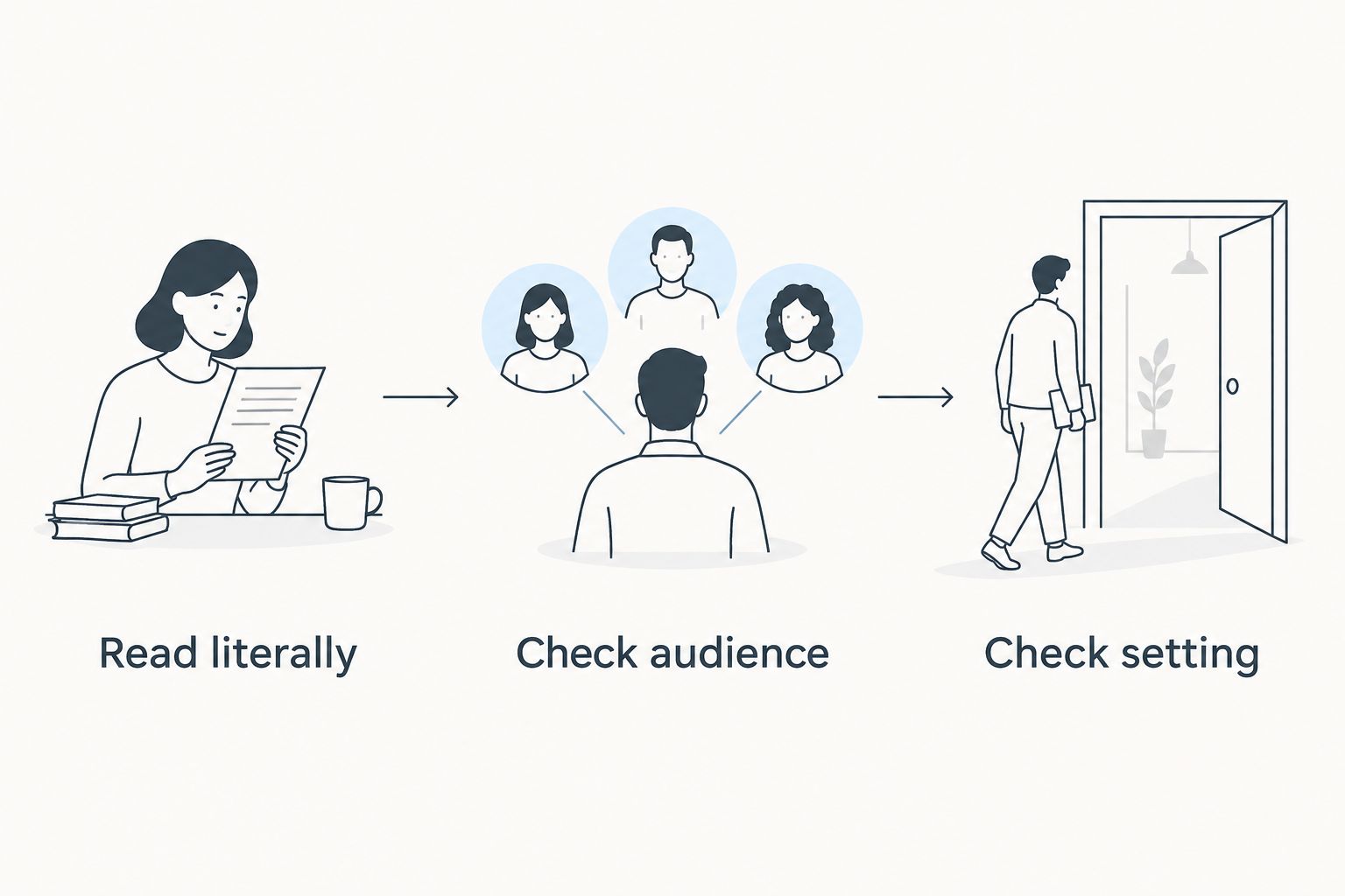 Three checks for a graphic shirt: read literally, check audience, and check setting.