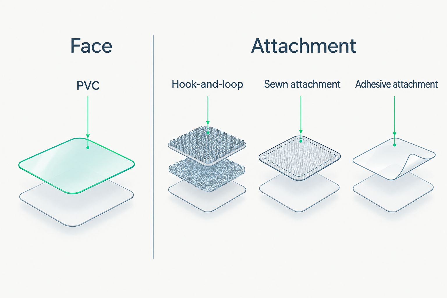 Diagram separating the PVC face from hook-and-loop, sewn, and adhesive attachment methods