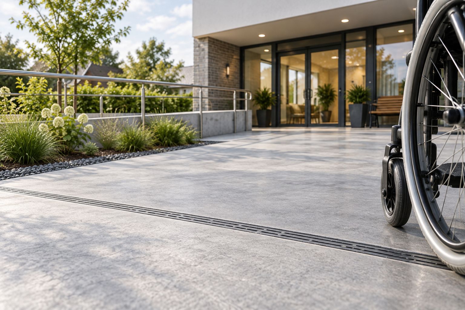 Betonnen opritten voor woonzorgcentra: complete 2026 gids 2 fercon betonprojecten kempen Betonnen toegang met oppervlaktestructuur, afwateringsgoot en een rolstoelwiel.