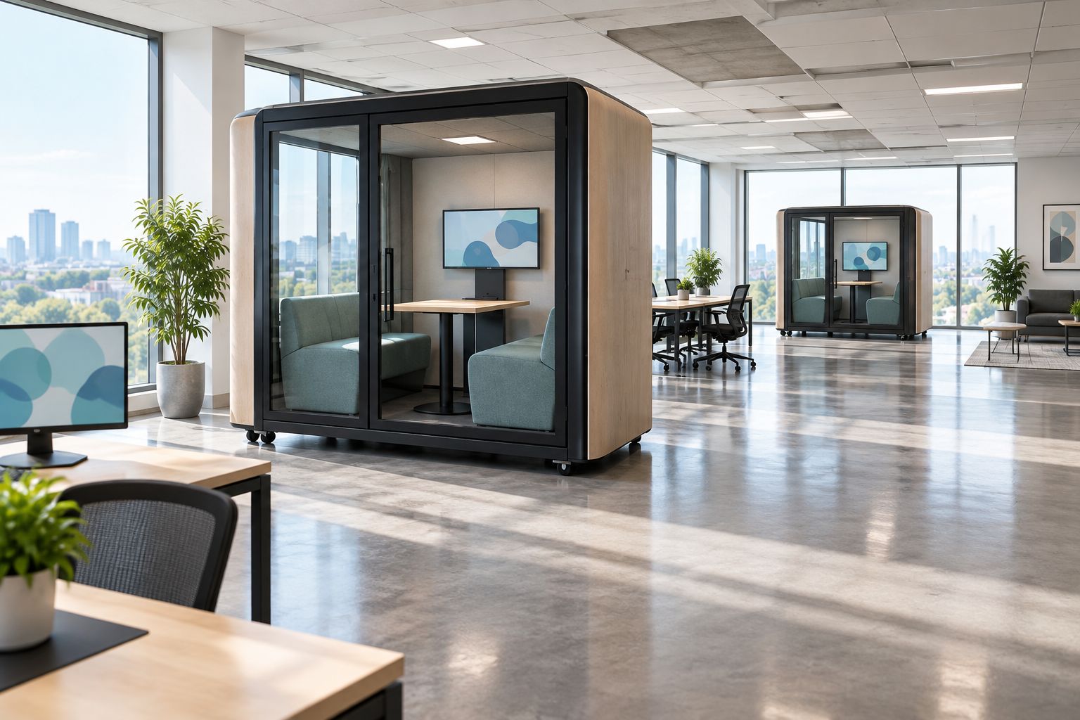 Meeting pod in an office with another possible location visible across the room