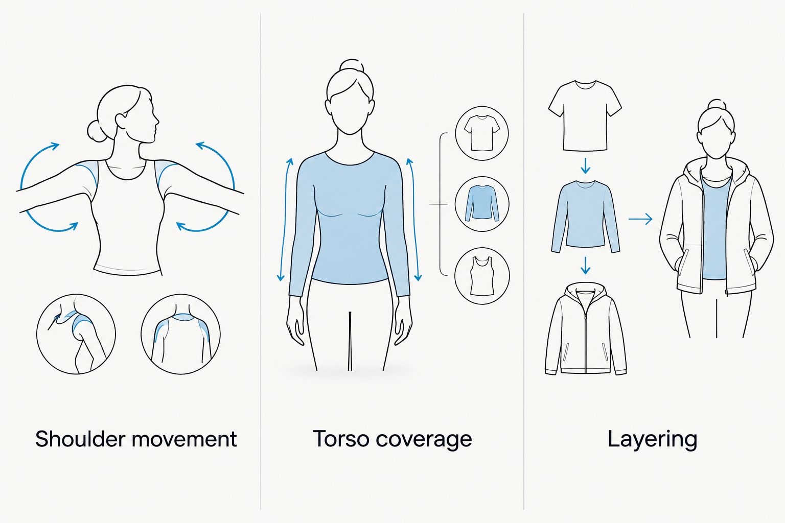 Three gym-top fit checks: shoulder movement, torso coverage, and layering.