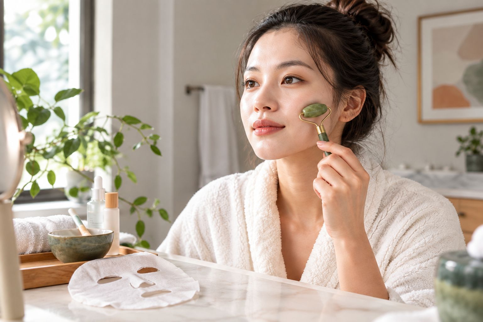 Jade roller moving over a cheek after a sheet mask has been removed