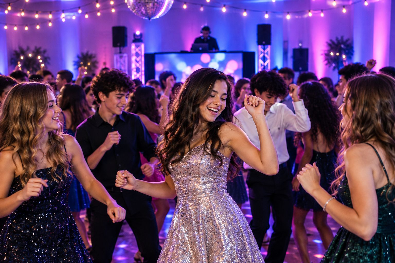 Teens dancing on a colorfully lit dance floor at a sweet 16 party