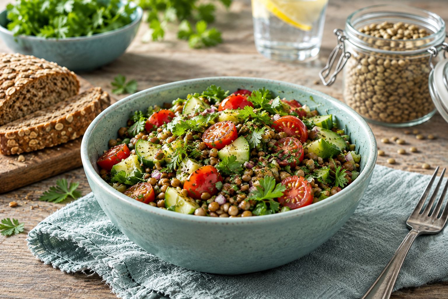 Linsensalat mit Gurke und Tomaten, daneben Vollkornbrot und eine Vorratsdose auf einem Holztisch.
