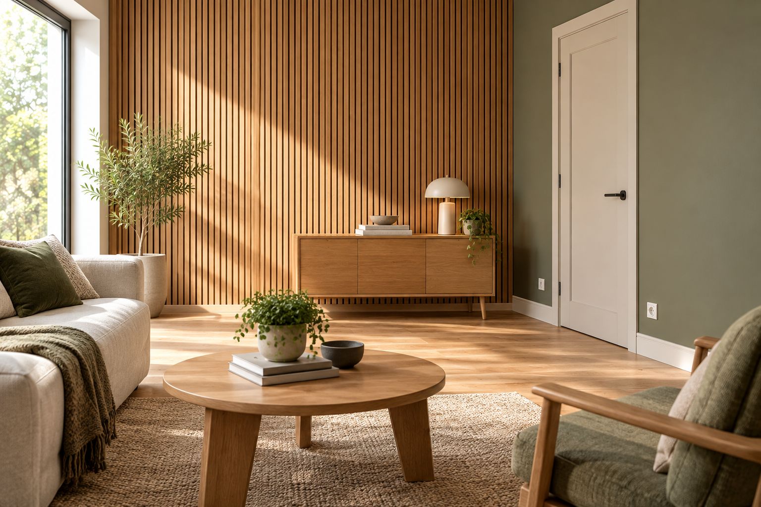 Habillage en lattes de bois dans un salon, avec les raccords à la porte, à la plinthe et à une prise.
