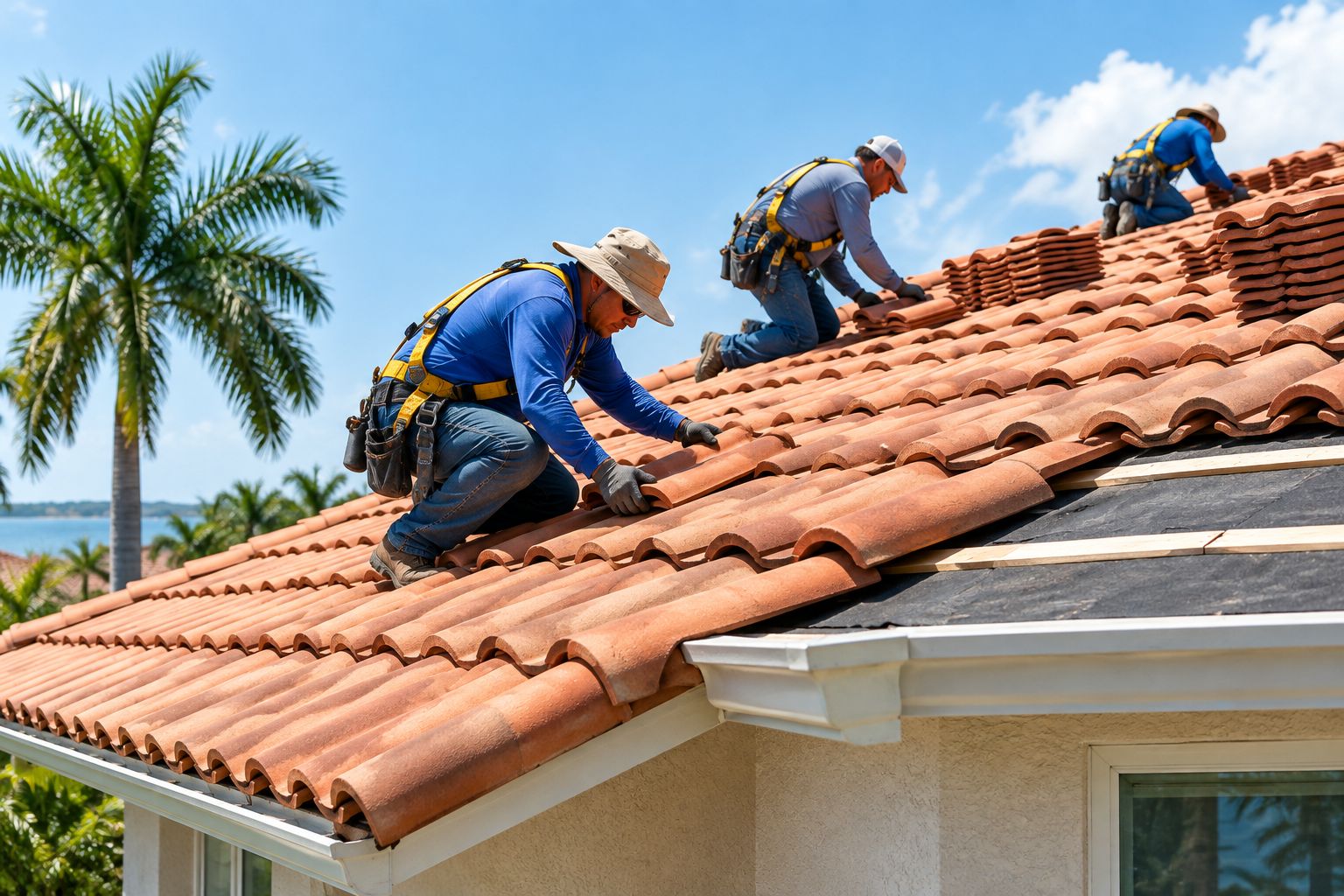 Roofing crew installing new concrete tile on a Florida home