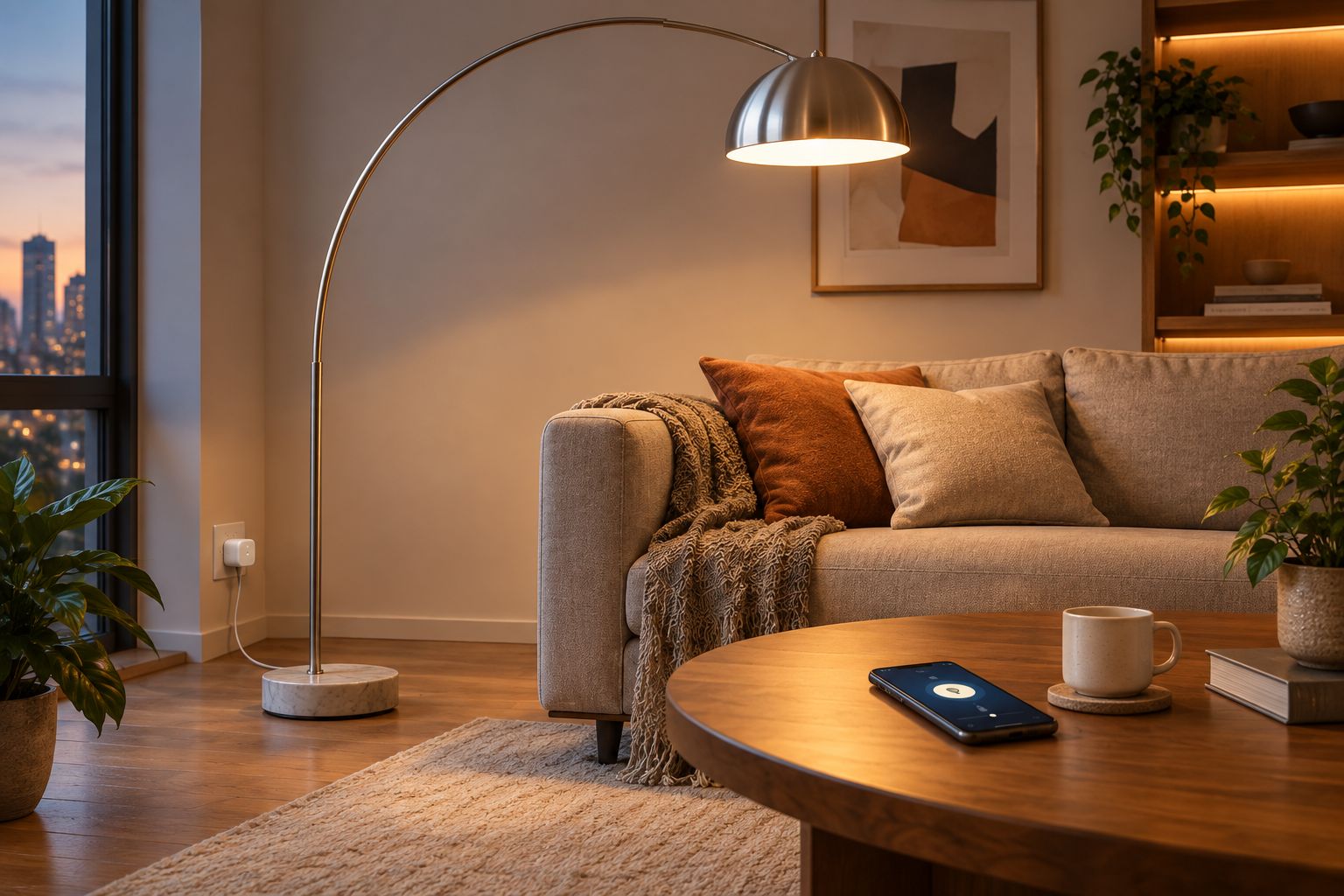 Lampada da terra ad arco accanto a un divano con una presa smart nella presa a muro