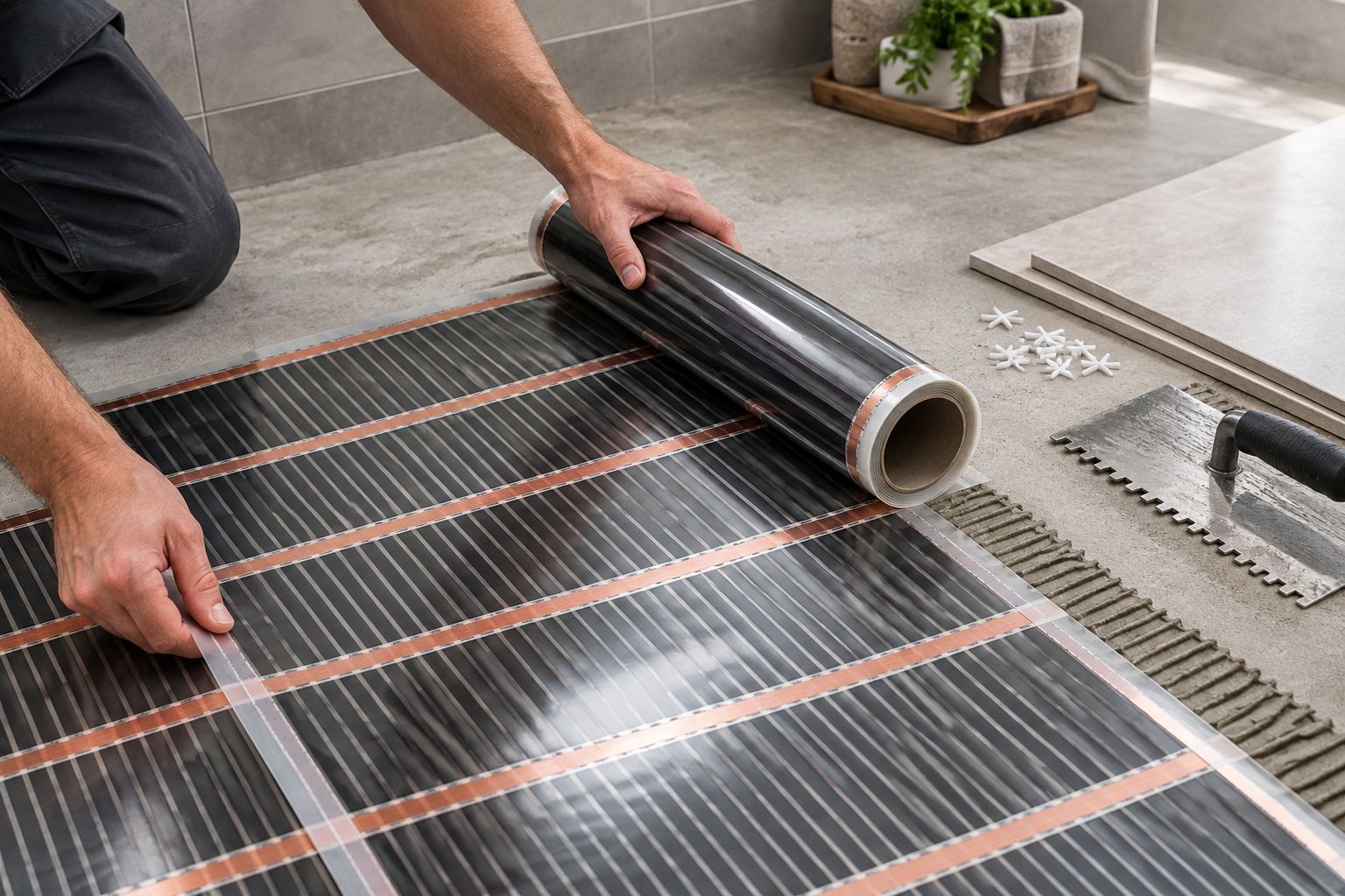 Infrared heating film being unrolled across a bathroom subfloor before tiling