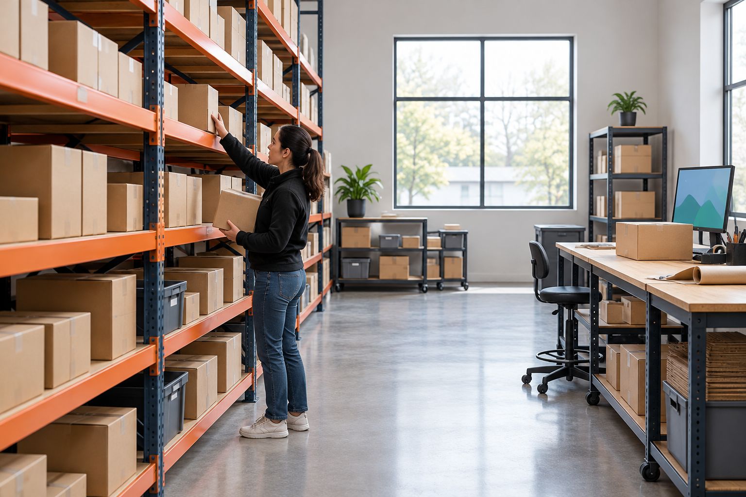 Small warehouse with organised cartons, a clear picking aisle and a separate packing bench