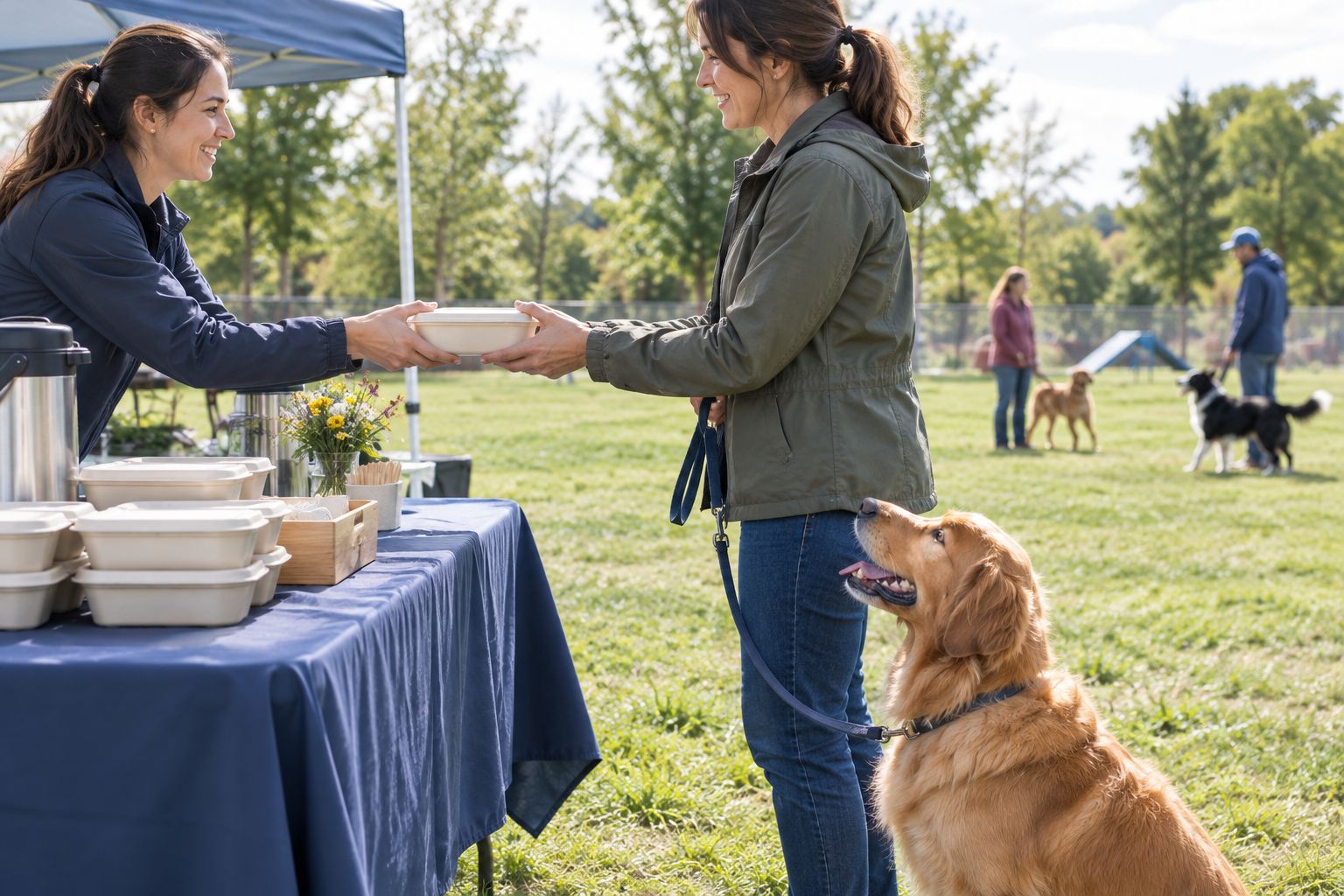 A volunteer hands a closed treat container to an owner while the leashed dog stays beside the handler
