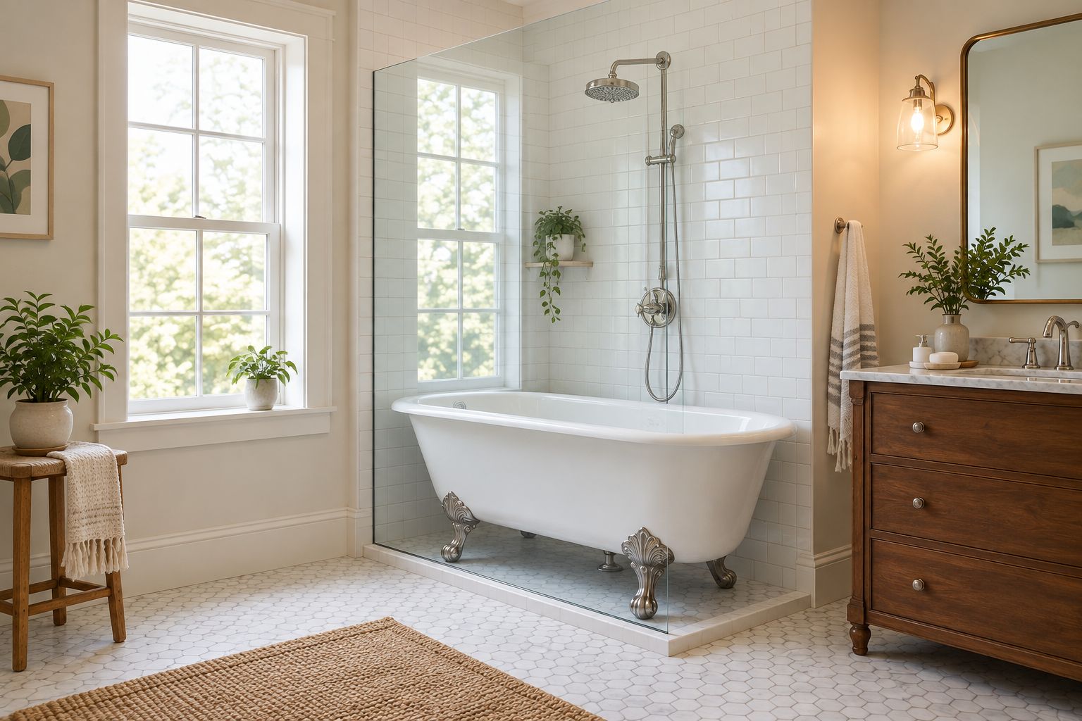 Clawfoot tub with a single fixed glass splash panel