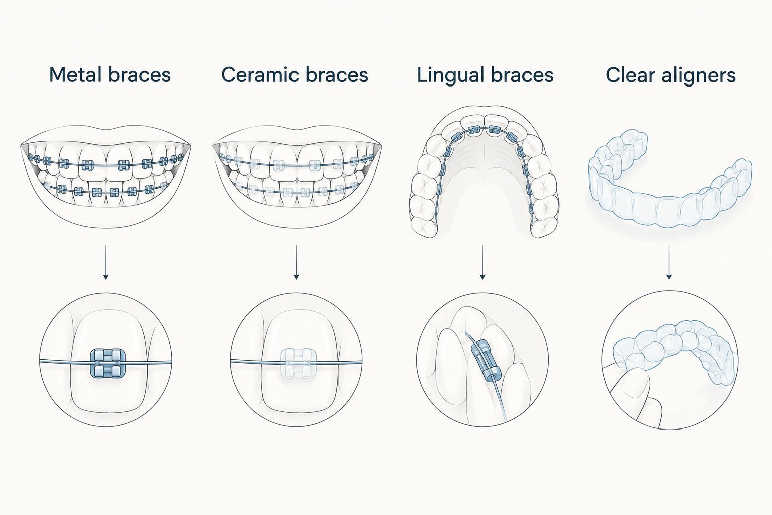 Comparison of front-mounted braces, behind-the-teeth braces, and removable clear aligners