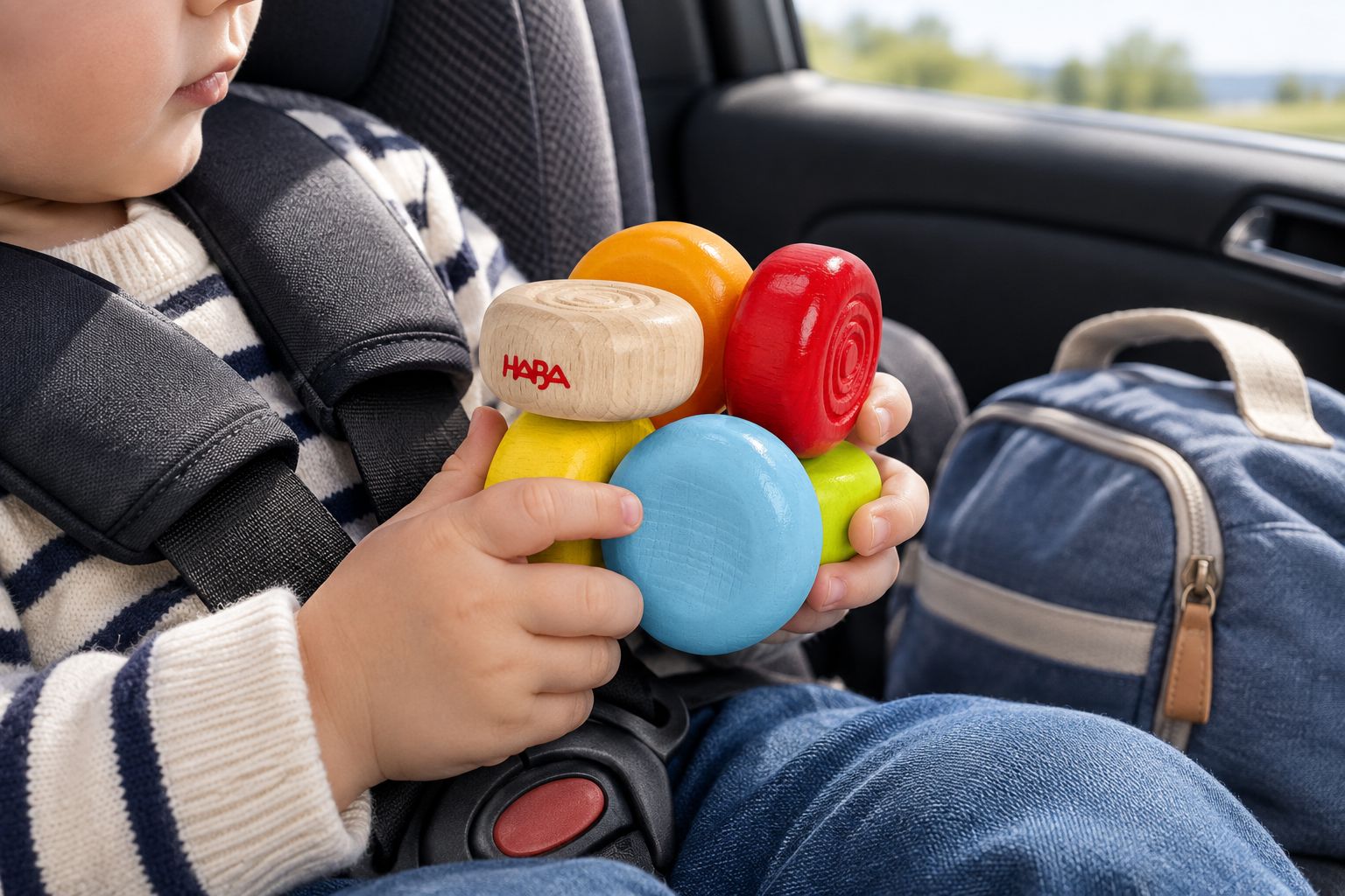 Baby holding a wooden grasping toy in a car seat while travelling