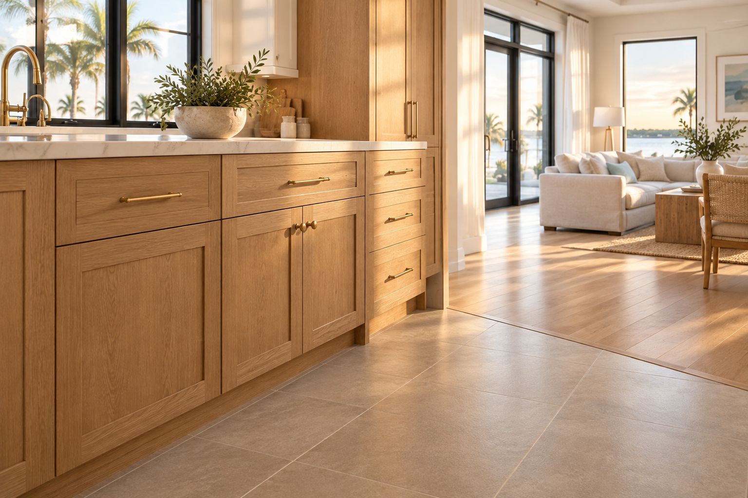 Kitchen cabinetry, tile flooring and an adjoining-room transition viewed together