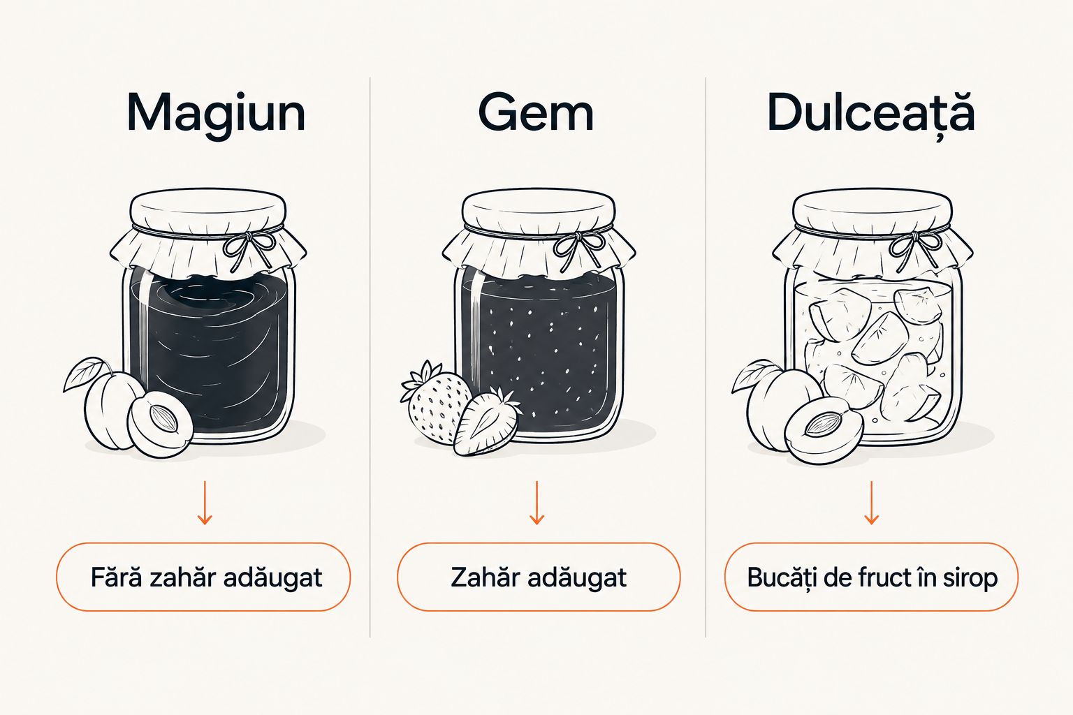 Diagramă comparativă între magiun, gem și dulceață