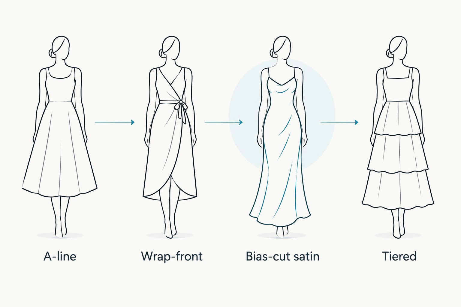 Four plus size maxi skirt silhouette types shown side by side