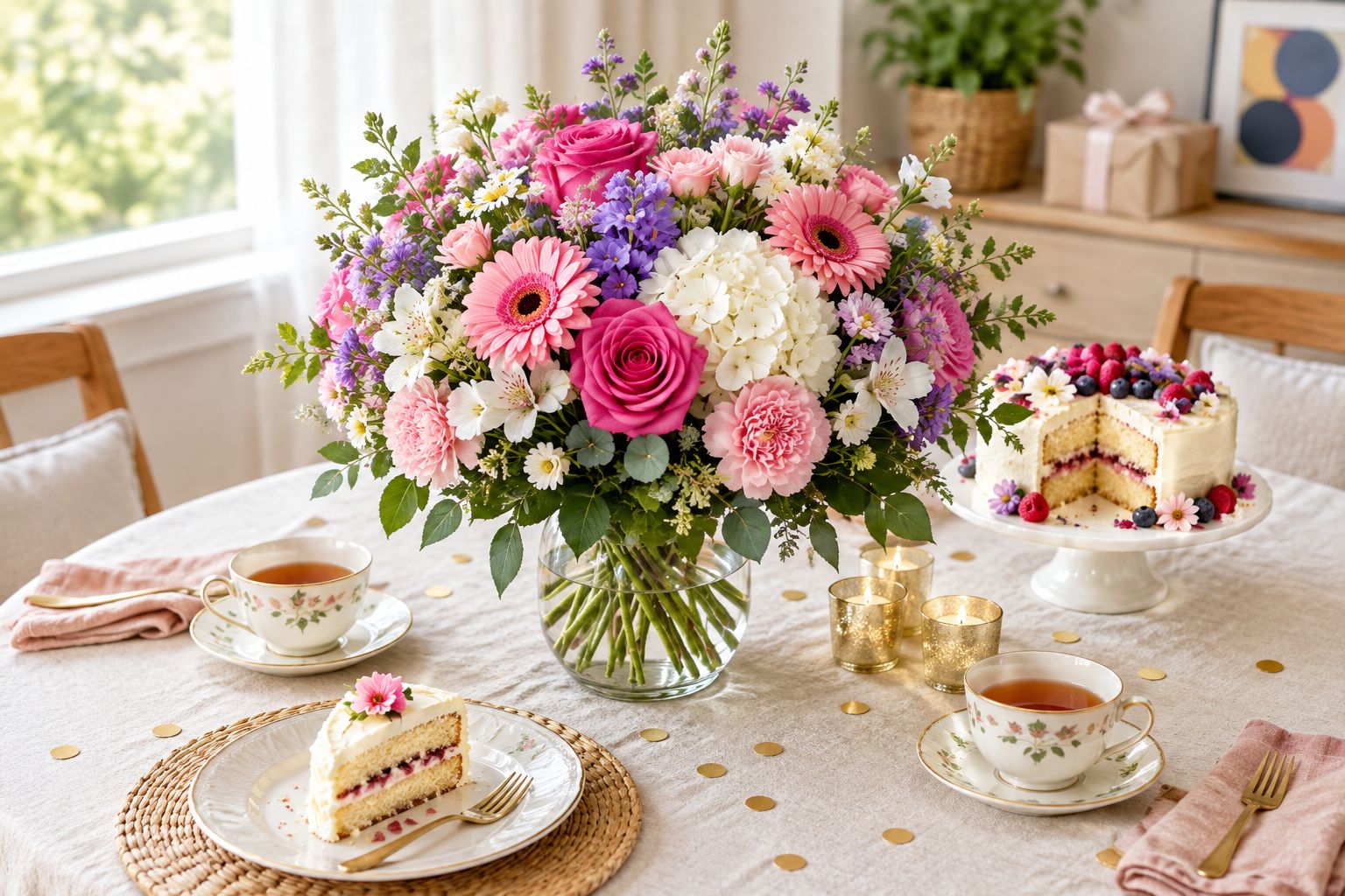 Birthday table with a full mixed flower bouquet centrepiece