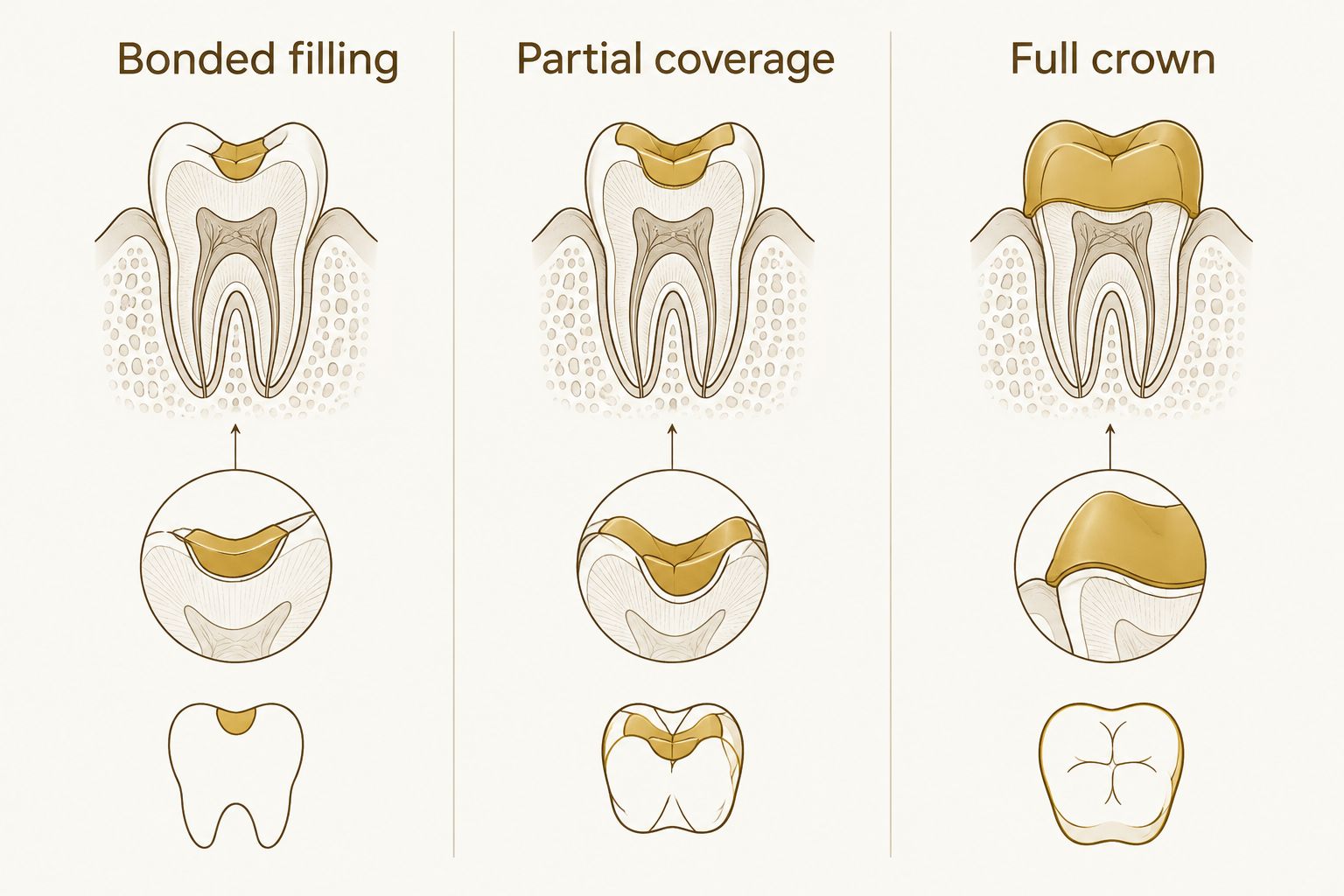 Comparison of a bonded filling, partial-coverage restoration, and full crown