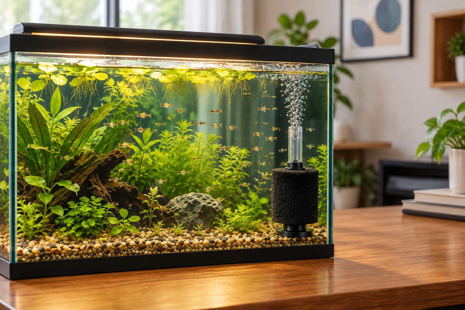 Sponge filter running quietly in a freshwater fry breeding tank
