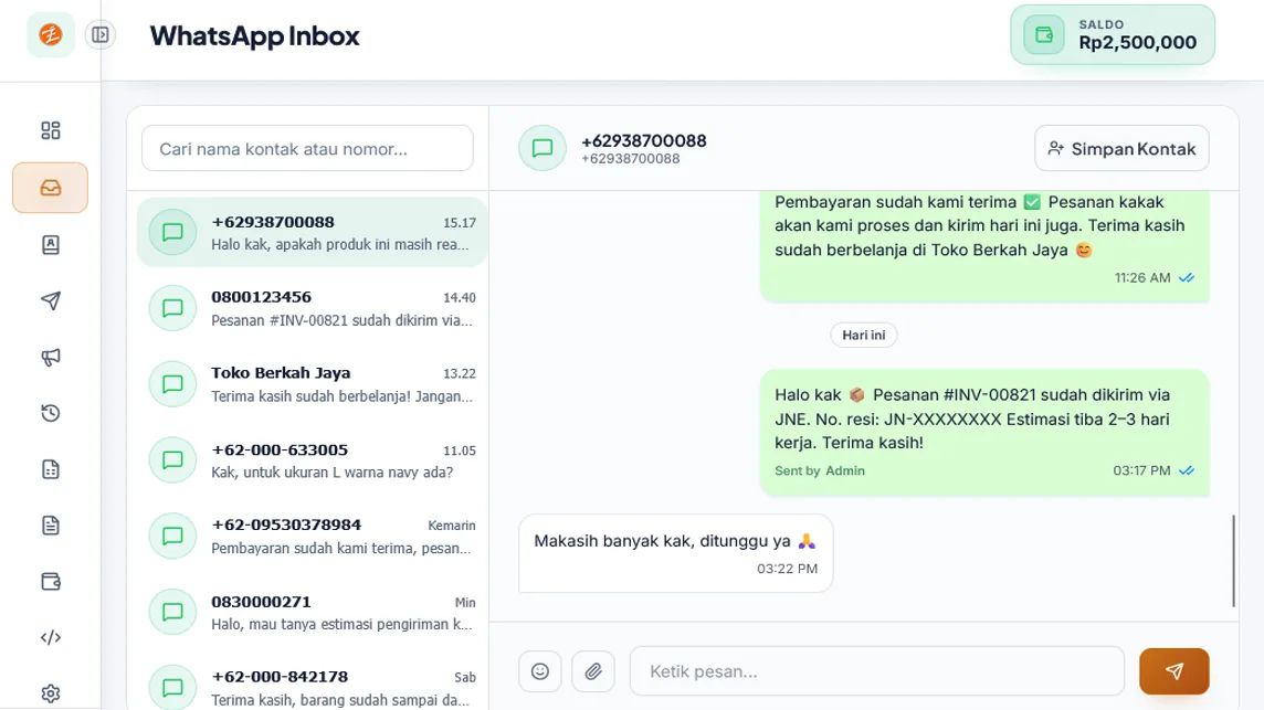 Tampilan WhatsApp Inbox Zenziva untuk mengelola percakapan pelanggan bisnis