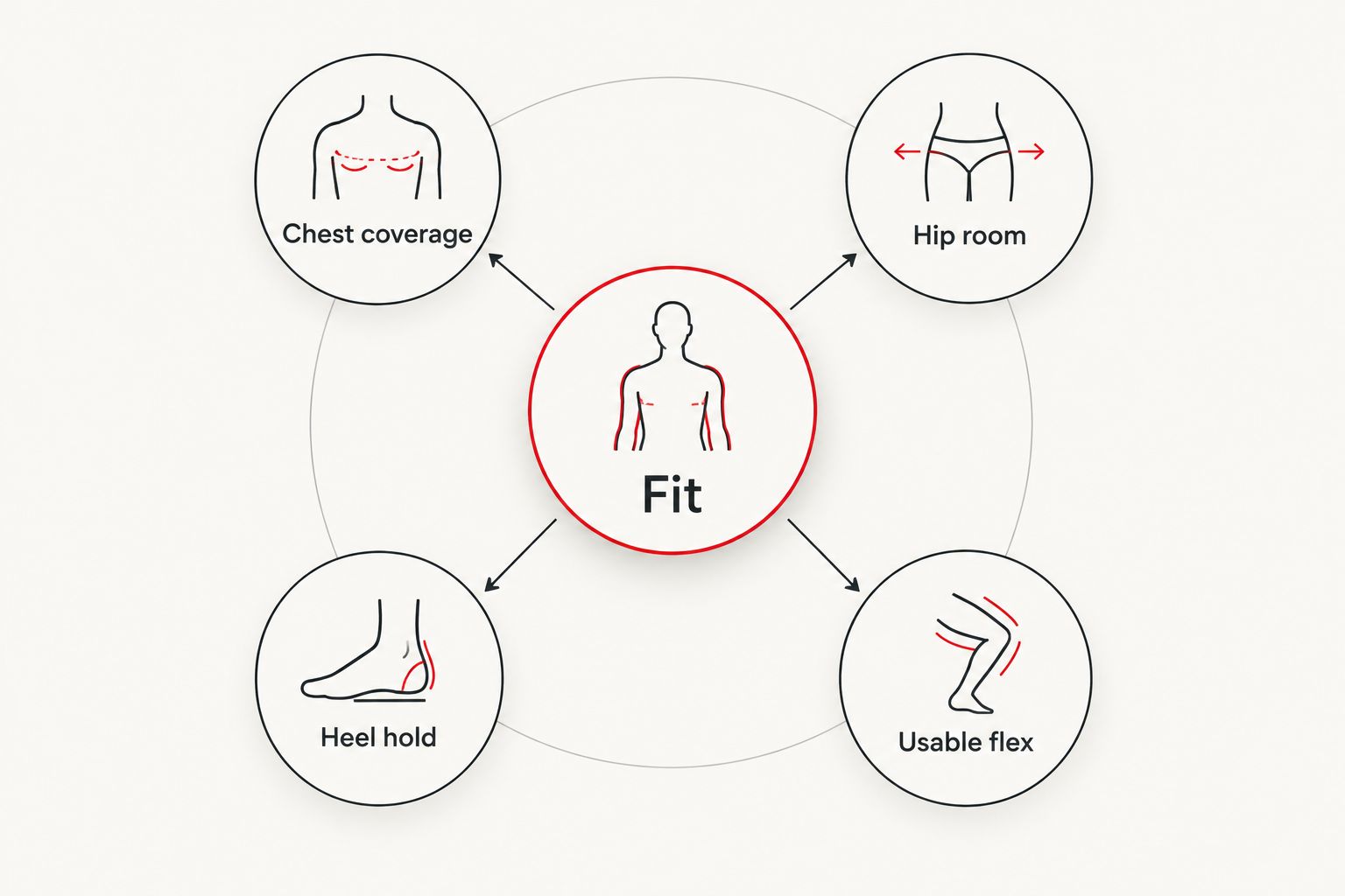 Four equipment fitting priorities: chest coverage, hip room, heel hold and usable flex