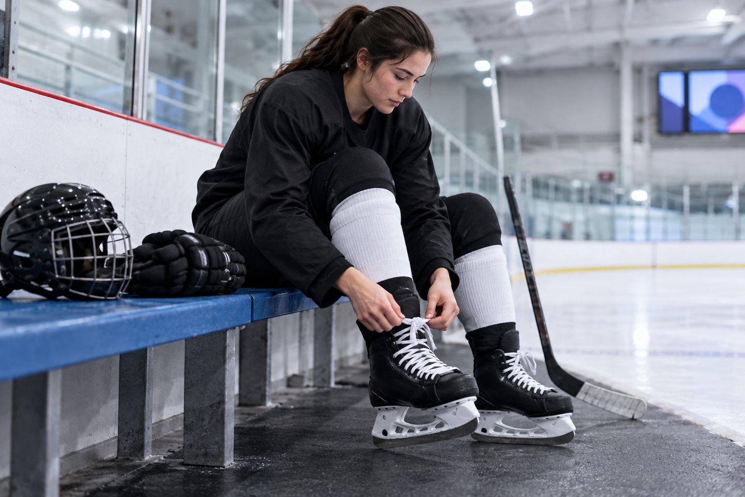 Hockey player checking skate fit with skating socks and both boots laced
