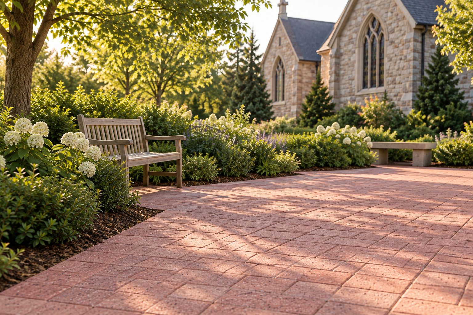 Church garden layout with a paved approach, nearby bench, planted border, and open memorial area