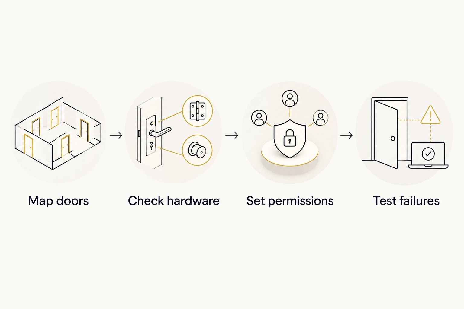 Four installation checks: map doors, check hardware, set permissions, and test failures