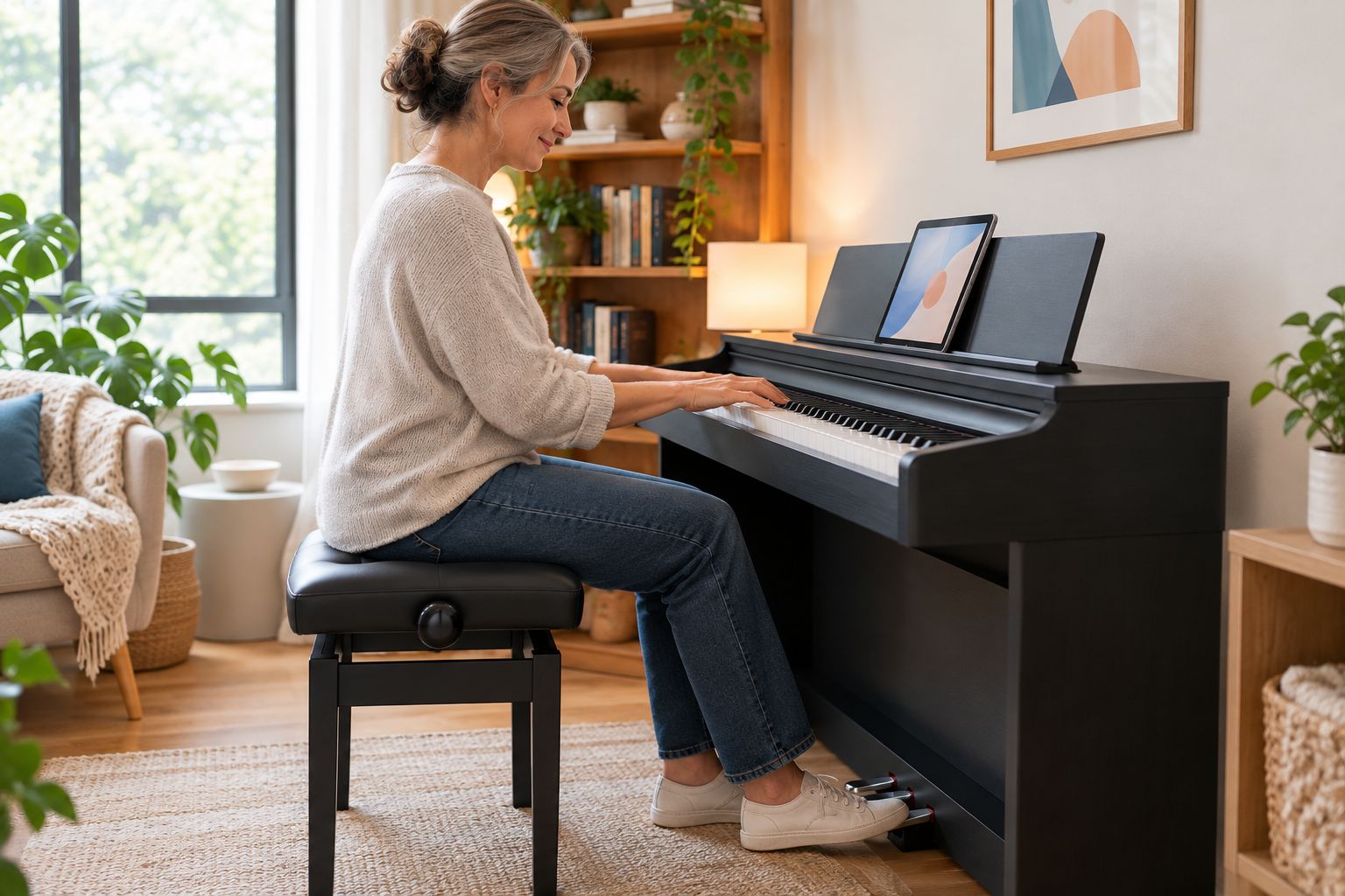 Side view of an adult seated at a digital piano in a dedicated home practice corner