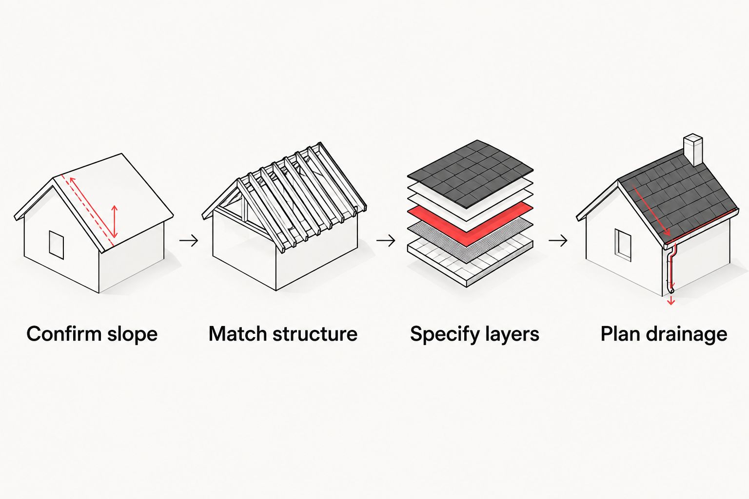 Four roof-planning steps covering slope, structure, roof layers, and drainage