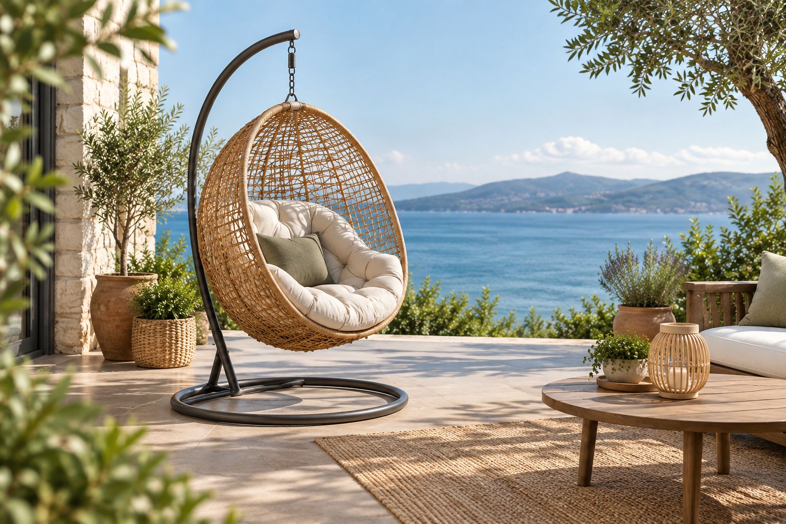 Fauteuil suspendu sur une terrasse avec un passage libre à côté de l’assise.