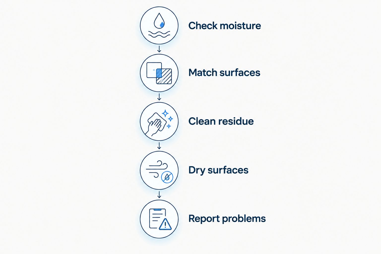 Cleaning sequence from checking moisture to reporting persistent problems