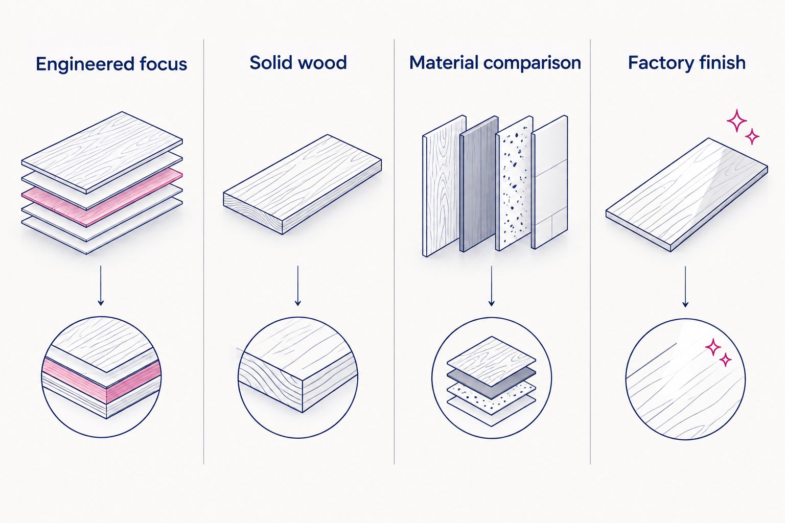 Four shopping priorities for hardwood: engineered construction, solid wood, material comparison, and factory finish