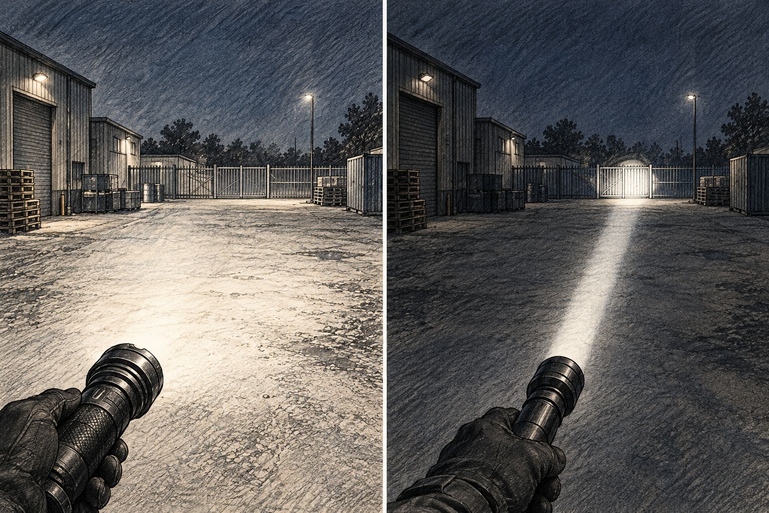 Broad nearby illumination compared with a concentrated torch beam on an industrial boundary fence.