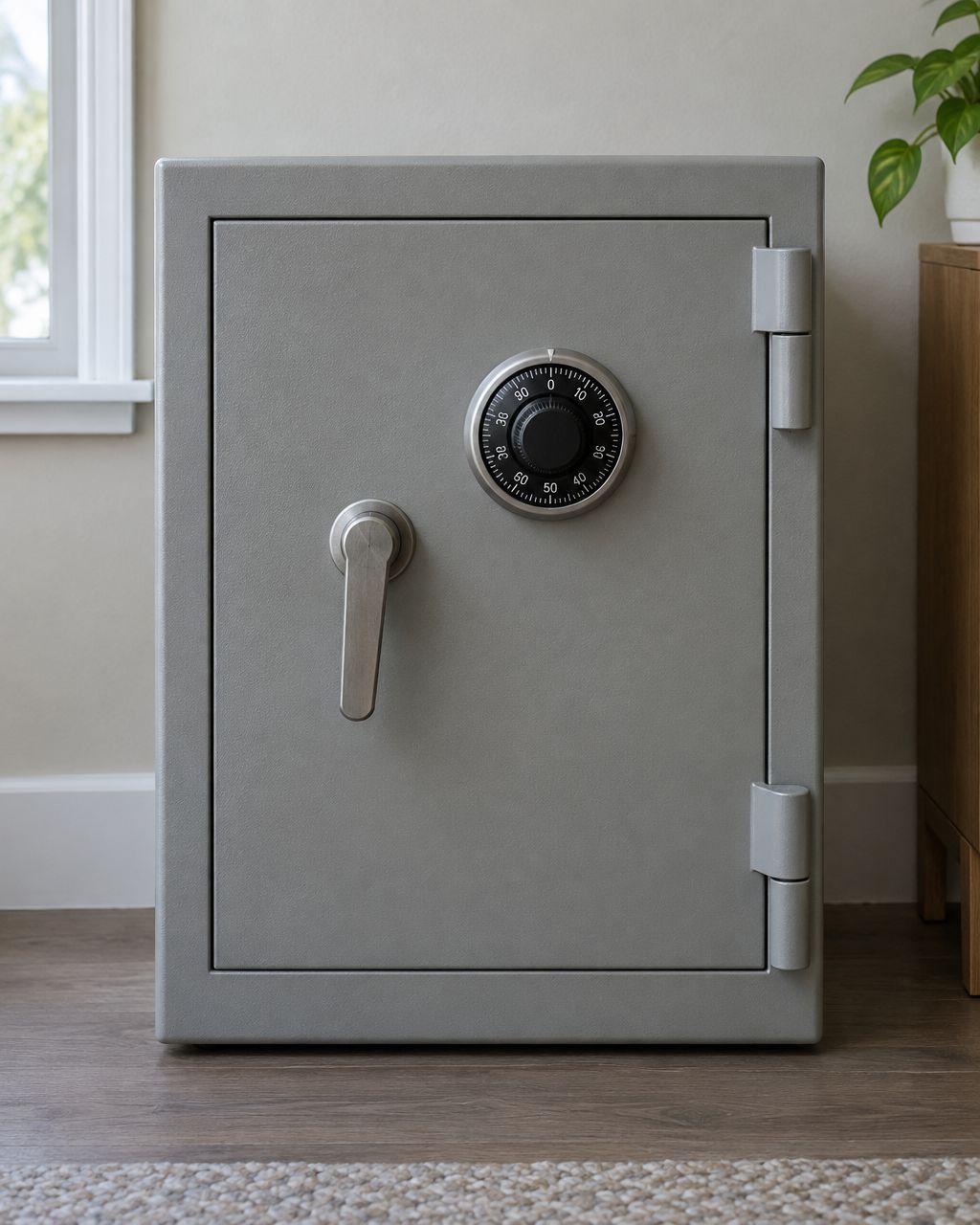 AI-generated illustration of a home safe with a combination dial; not an actual GO Locksmith job