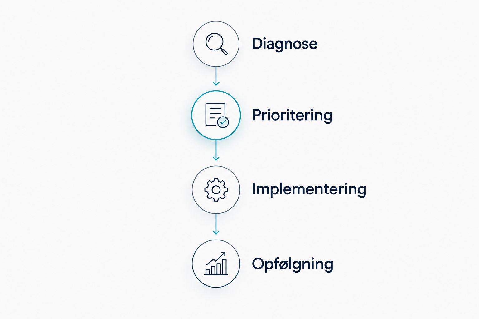 Arbejdsforløb fra diagnose og prioritering til implementering og opfølgning.