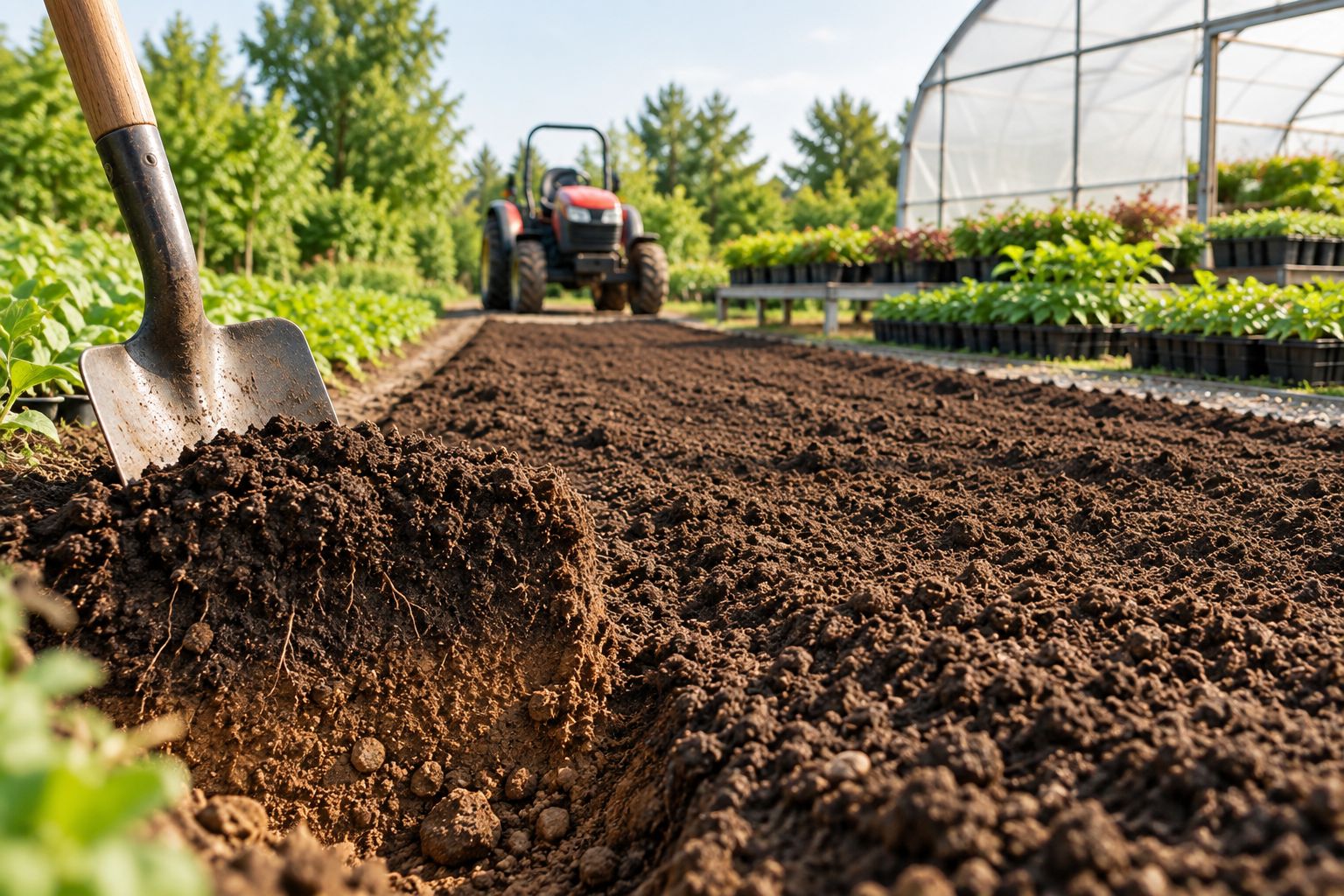 Spade inspection of the worked soil layer beside an unplanted nursery bed