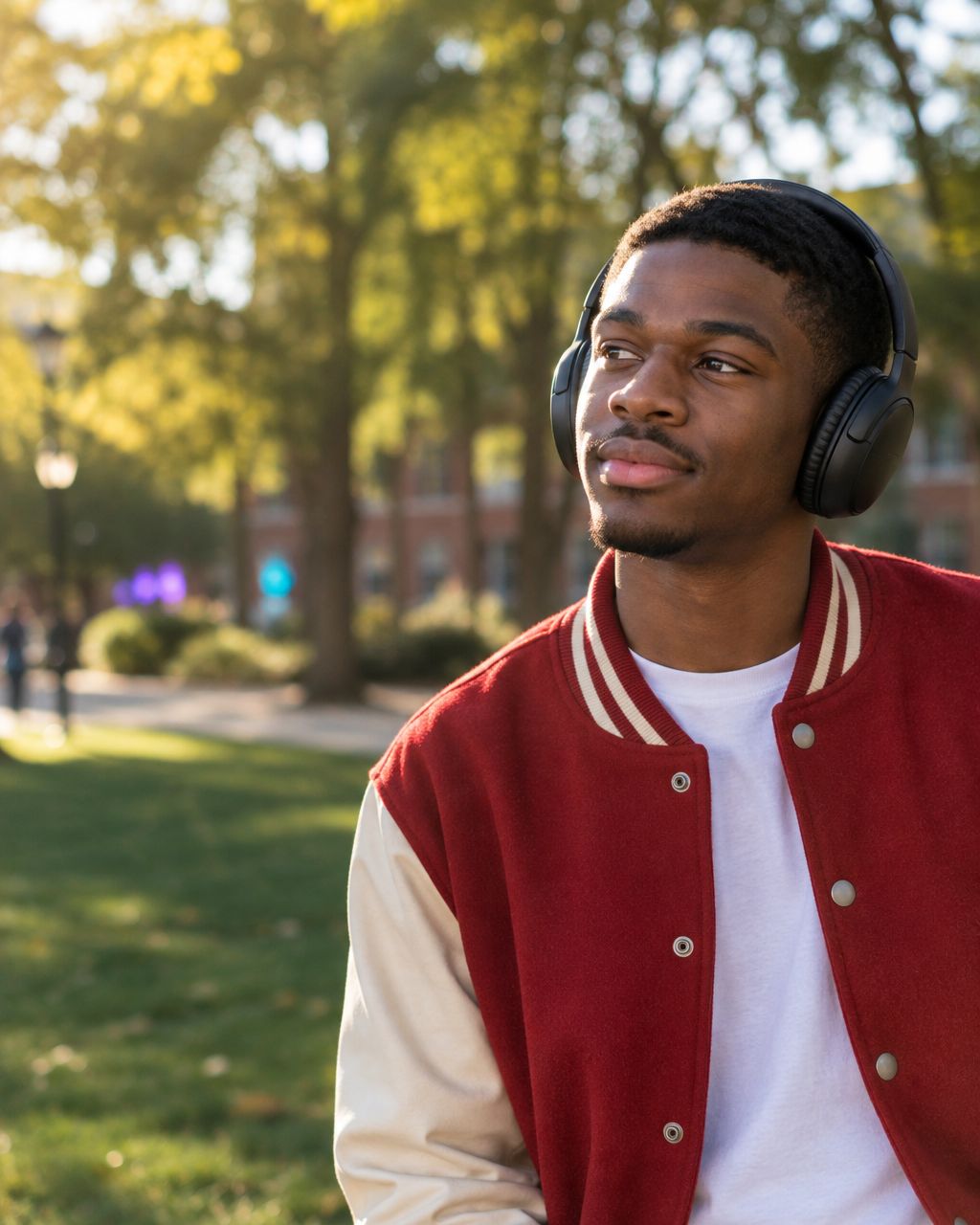 AI-generated college-aged Black man listening to music on campus in a crimson-and-cream varsity jacket