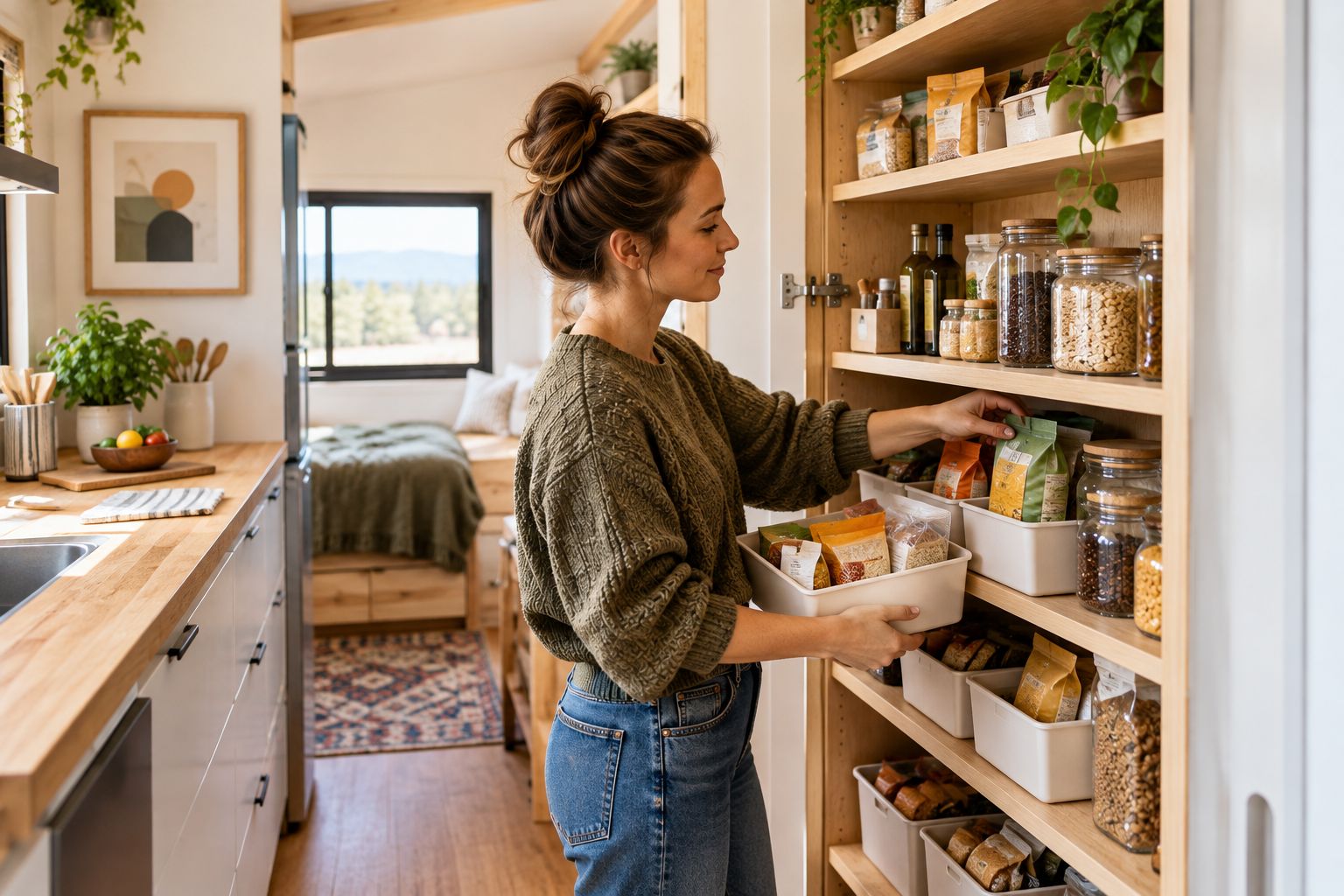 Compact pantry cabinet with shallow bins and a clear preparation counter