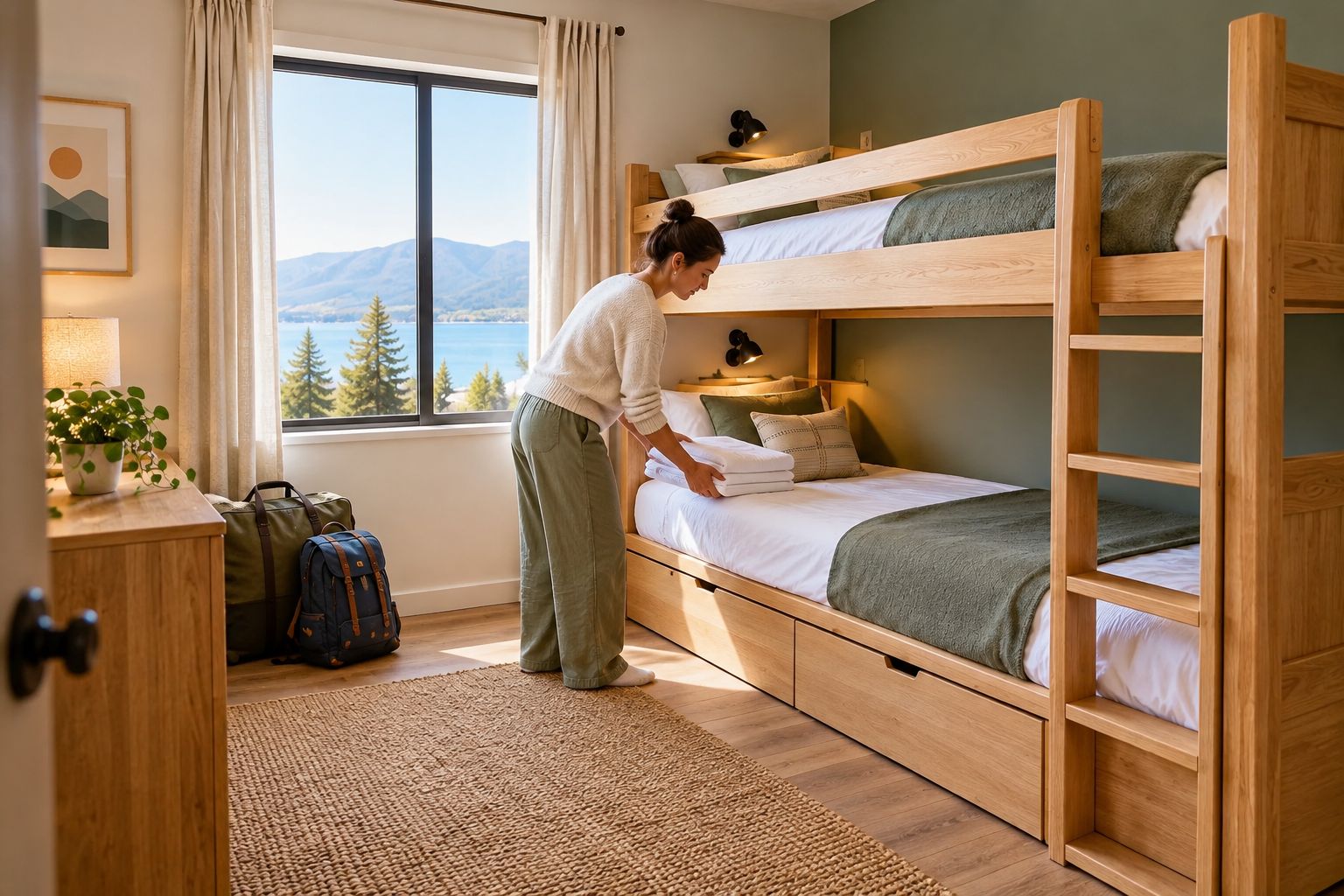 Vacation-home bunk room with clear ladder access and luggage stored away from the bed
