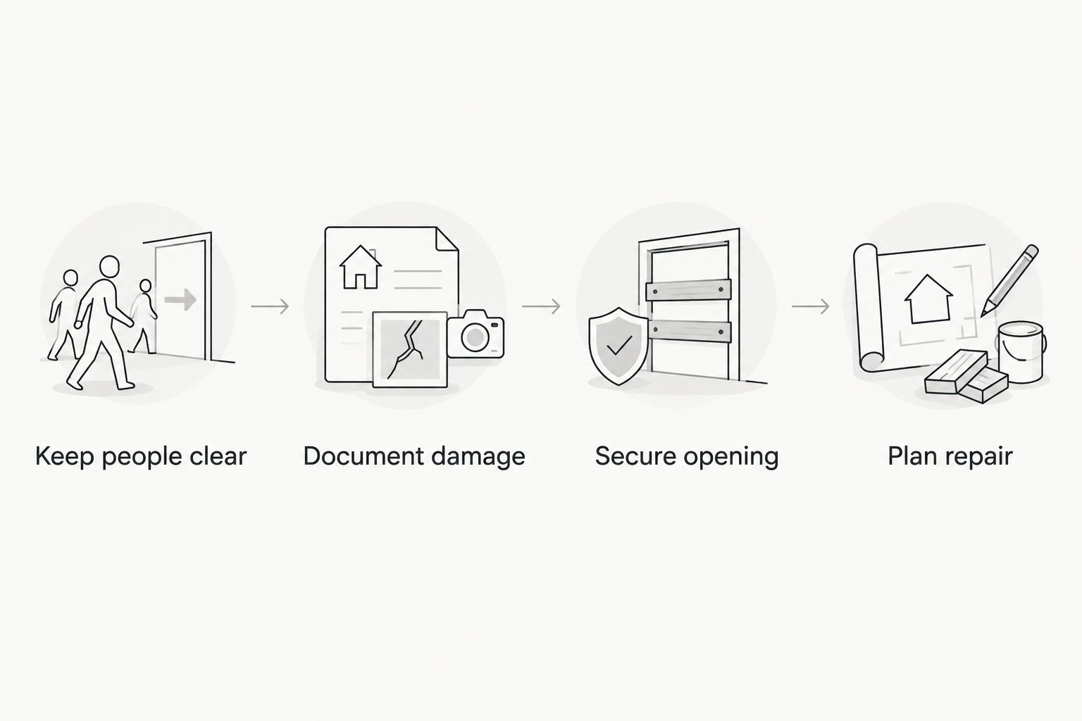 Sequence for keeping people clear, documenting damage, securing an opening, and planning repair