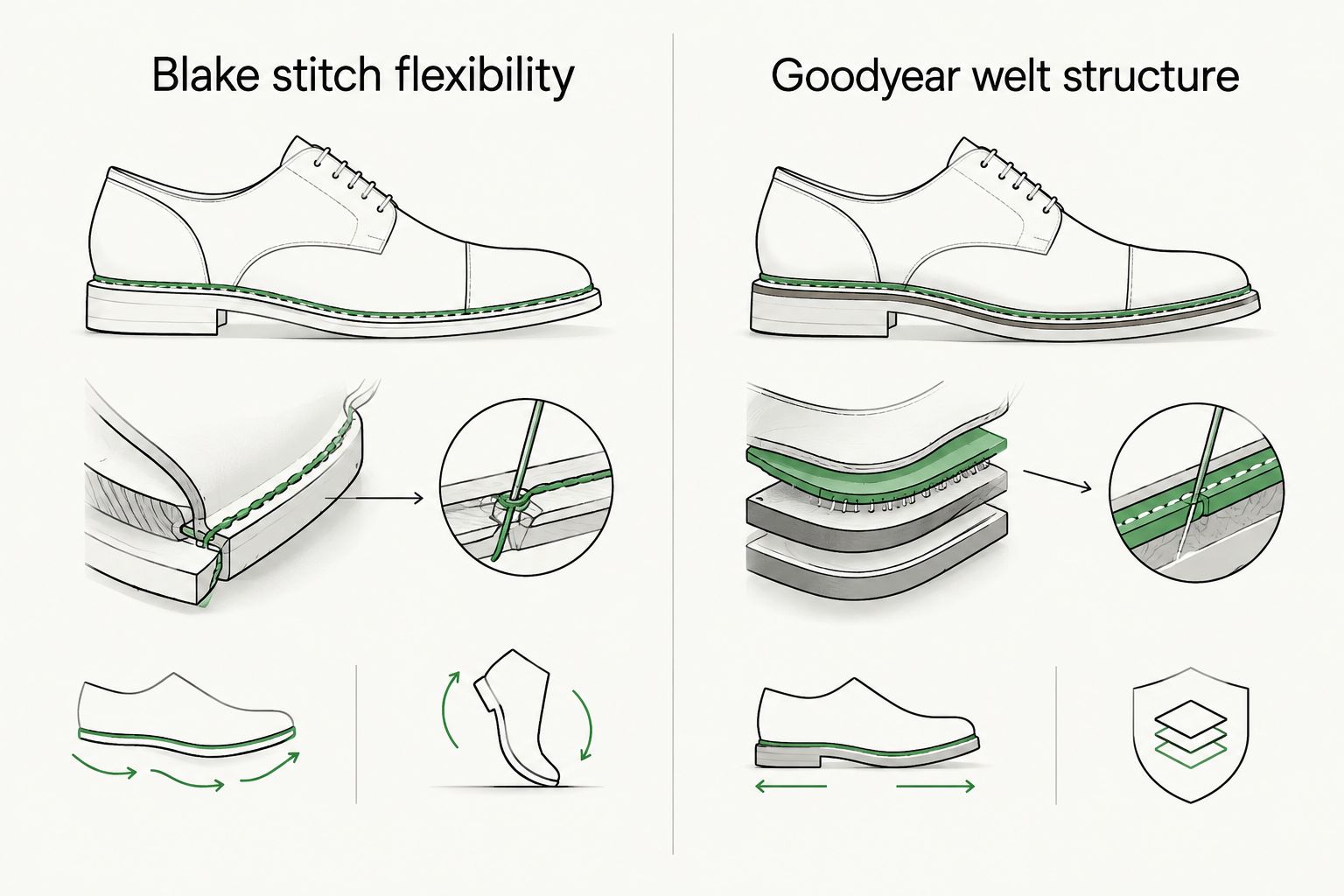 Comparison of Blake stitch and Goodyear welt construction flexibility